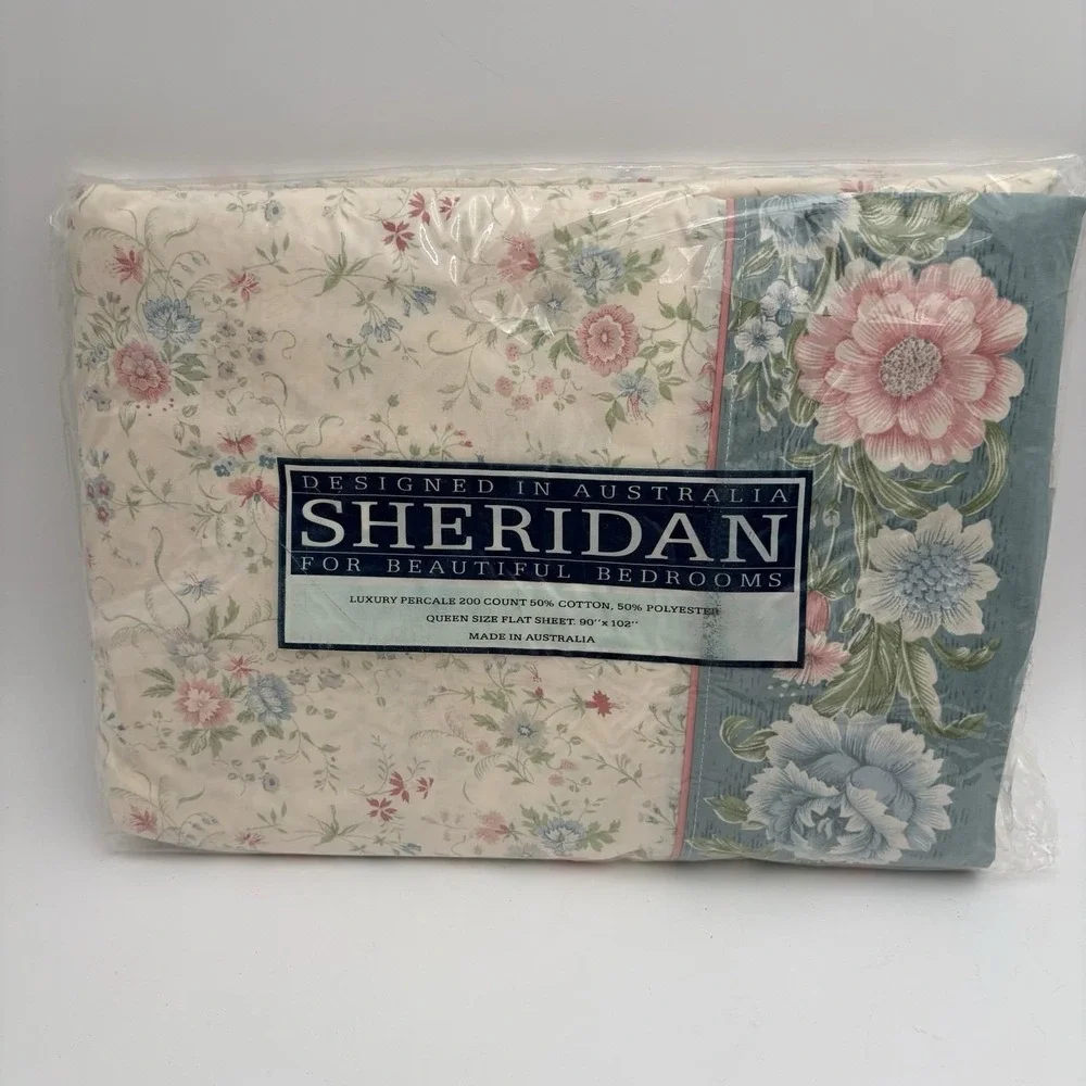 Vintage Sheridan Cordella Queen Flat Sheet Blue Cream Floral Cottagecore NIP